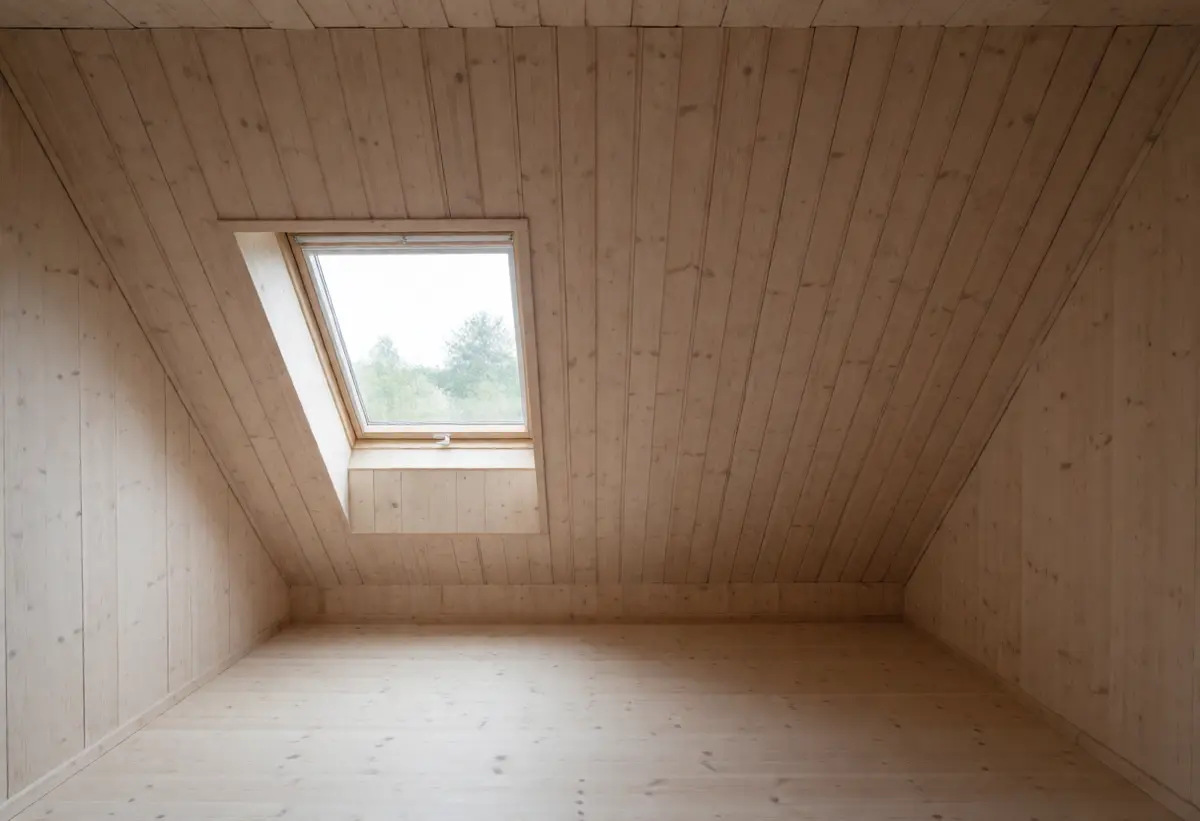 Ausgebauter Dachraum von innen, Schrägen mit Holz verkleidet, ein Dachfenster