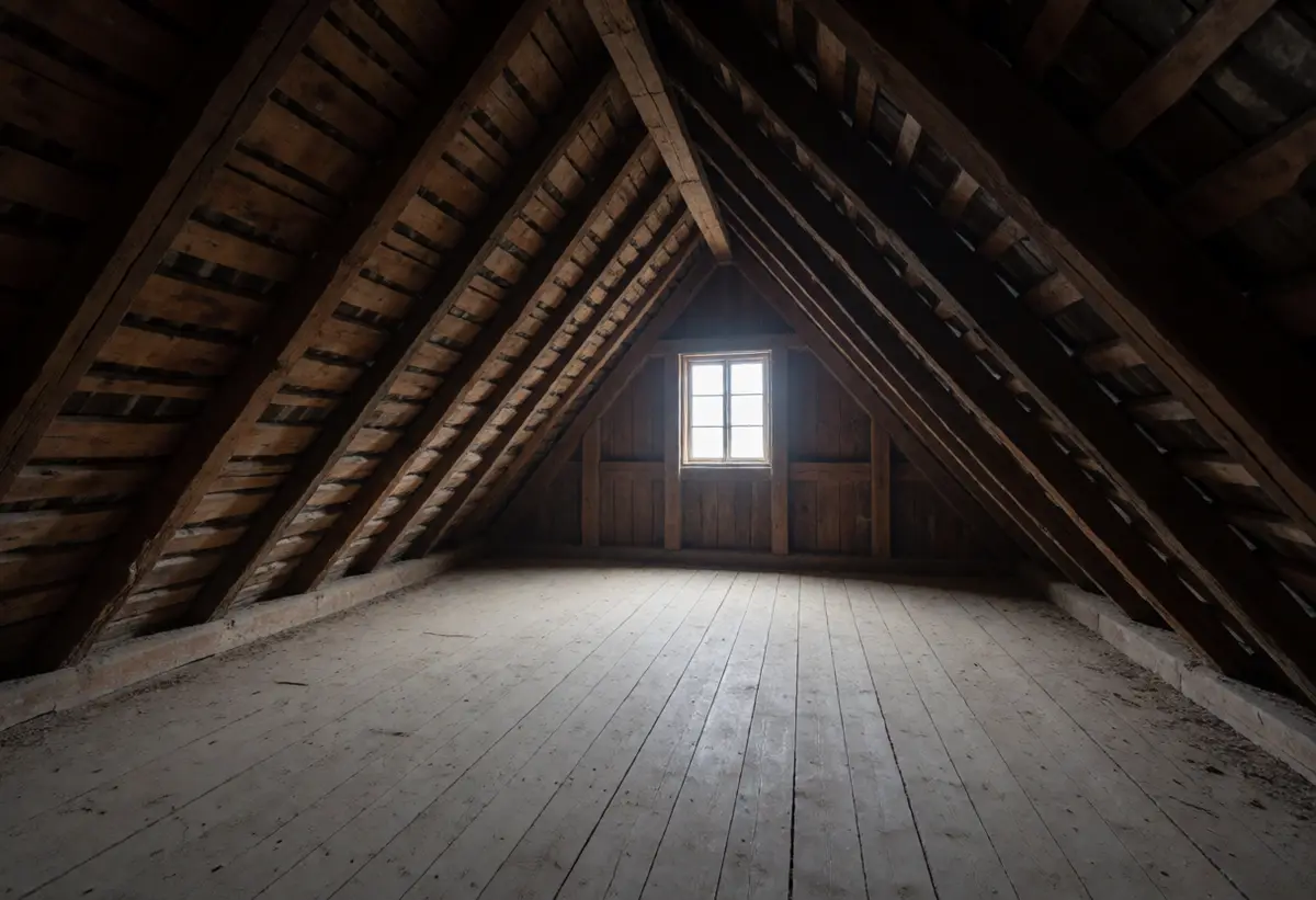 Leerer Altbau-Dachboden, ungedämmt, alte Sparren und Schalung sichtbar