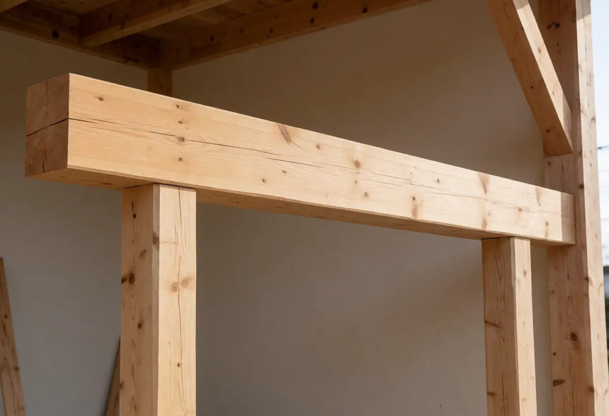 Massiver Holzträger, aufliegend auf zwei Stützen im Rohbau